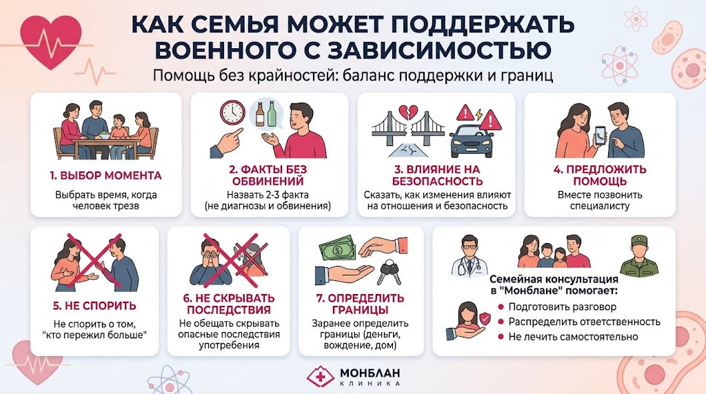 Инфографика, объясняющая, как семья может поддержать военного с зависимостью, с пошаговым планом разговора и правилами поддержки